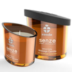 Bougie de massage Senze Seduction girofle orange lavande, verre ambre allume pres de son couvercle noir, cire naturelle au beurre de karite, format 50 ml.