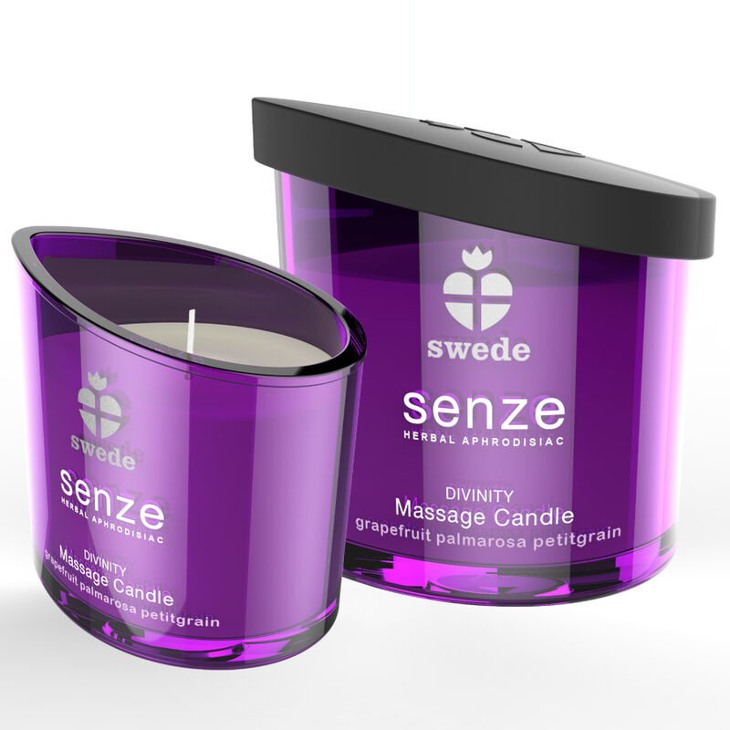 Bougie de massage Senze Divinity pamplemousse palmarosa petitgrain, verre violet allume aux cotes de son couvercle, cire fondante transformee en huile hydratante.