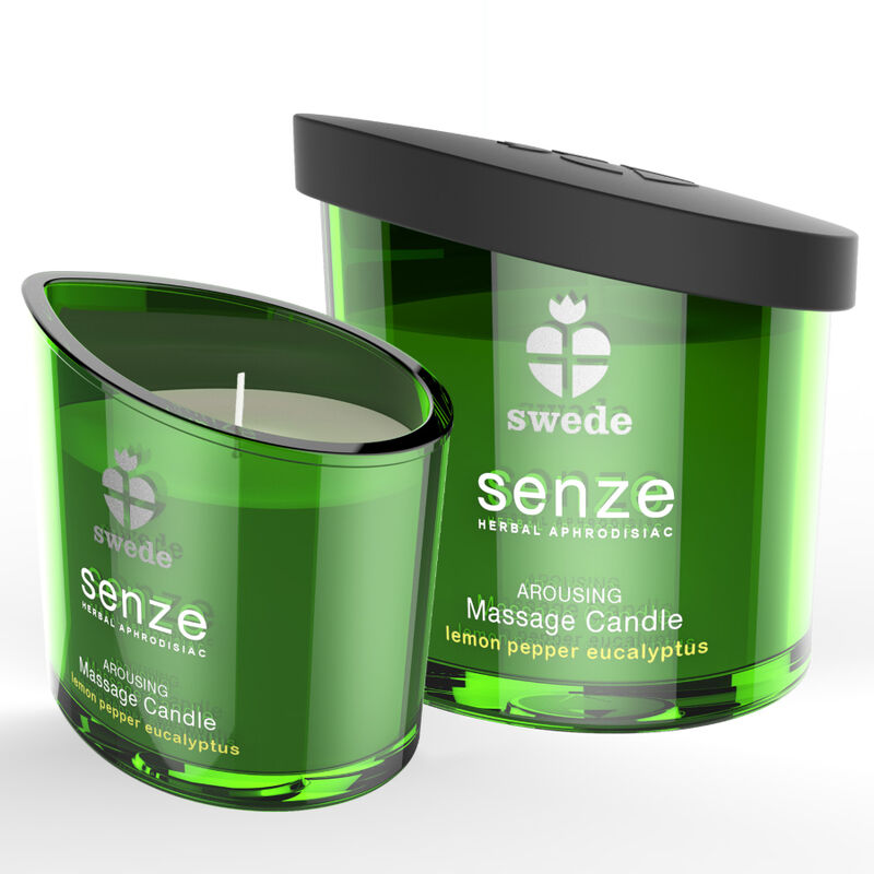 Bougie de massage Senze Arousing citron poivre eucalyptus, verre vert allume a cote de son couvercle noir, cire naturelle se muant en huile de massage.