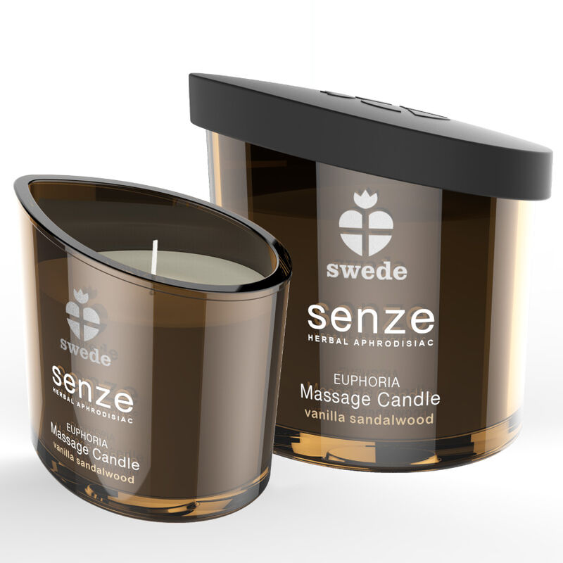 Bougie de massage Senze Euphoria vanille bois de santal, verre brun fume allume devant sa boite, cire chaude nourrissante qui se transforme en huile.
