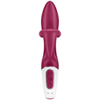 Vibromasseur lapin Embrace Me rouge vu de face, tige galbée en silicone et oreille clitoridienne, manche blanc avec panneau de commande, double stimulation.