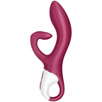 Vibromasseur lapin Embrace Me rouge vu de trois quarts, oreille souple pour le clitoris et tige interne courbée en silicone, trois moteurs indépendants.