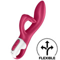 Vibromasseur lapin Satisfyer Embrace Me rouge en silicone médical, tige courbée et oreille clitoridienne, manche blanc à boutons, mention forme flexible.