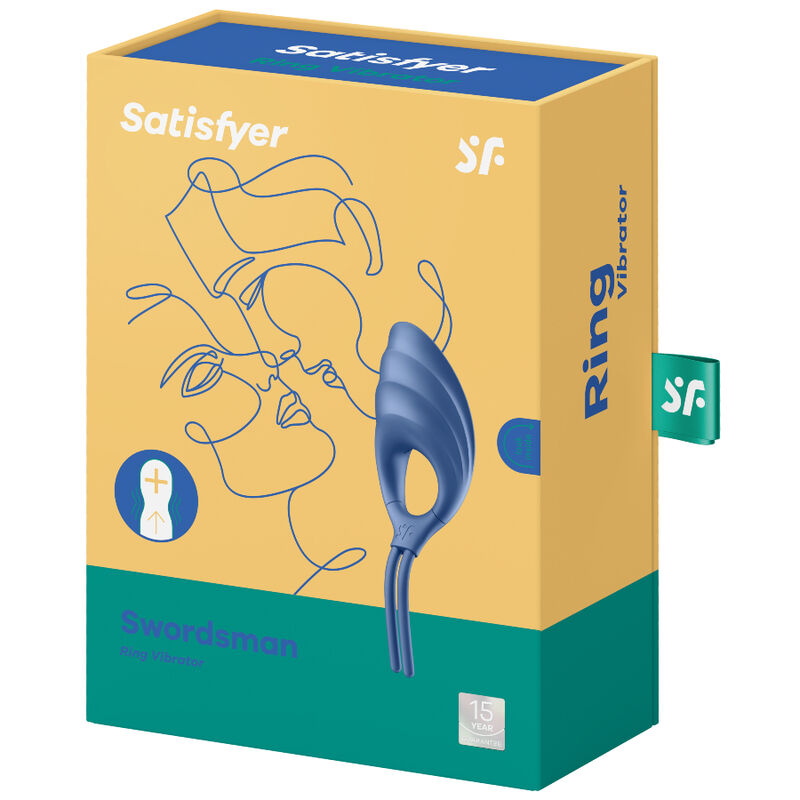 Boite jaune Satisfyer Swordsman Ring Vibrator avec visage illustré au trait et anneau pénien vibrant bleu en silicone, vibrations pour le couple.