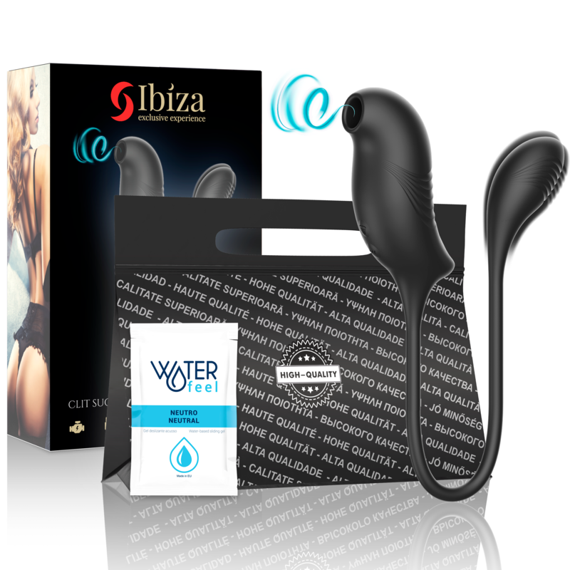 Stimulateur Ibiza à double embout : tête d'aspiration ovale et pointe nervurée, relié par une tige flexible noire