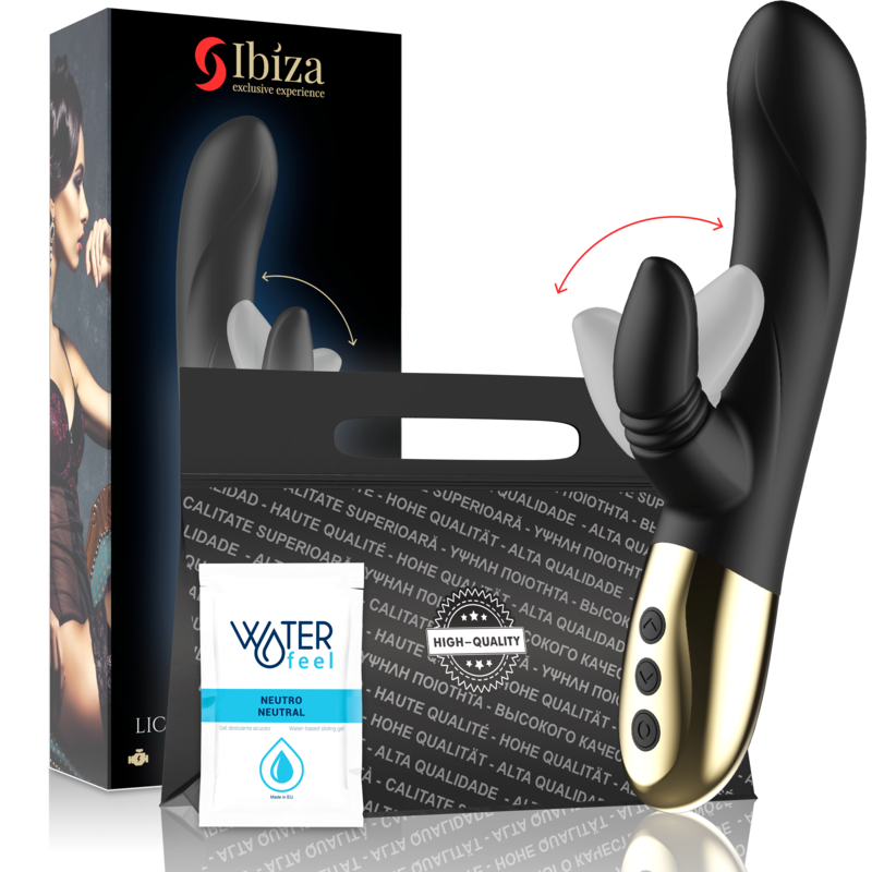 Lapin Ibiza noir et doré avec bras de léchage articulé, flèches illustrant le mouvement