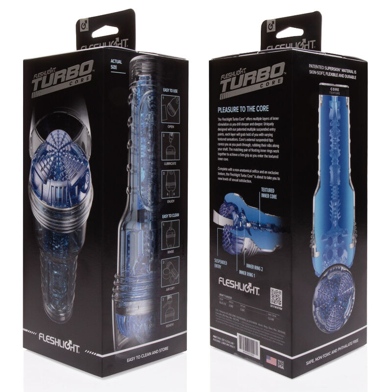 Boites du masturbateur Fleshlight Turbo, packaging transparent et bleu presentant la gaine alveolee et les caracteristiques de l'effet de succion.