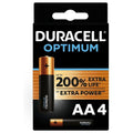 Boite Duracell Optimum de quatre piles AA alcalines vue de face, jusqu'a 200% de duree de vie supplementaire ou extra power pour appareils exigeants.