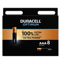 Boite Duracell Optimum de huit piles AAA alcalines vue de face, jusqu'a 100% de duree de vie en plus pour accessoires et appareils du quotidien.