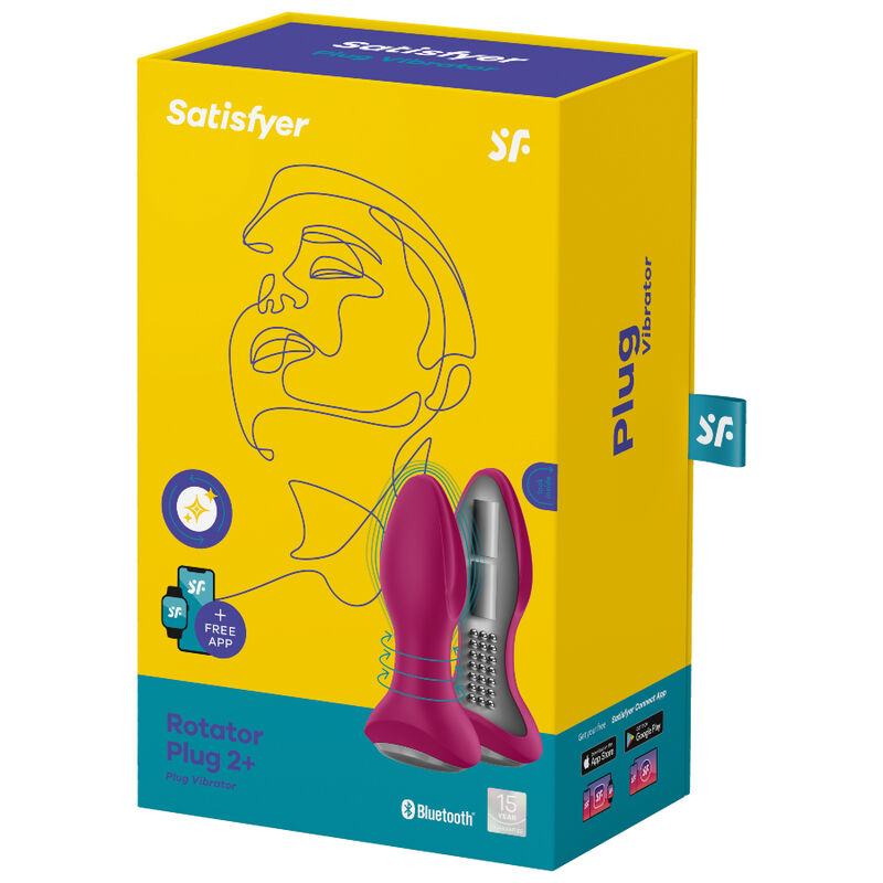 Boite jaune Satisfyer Rotator Plug 2 plus, visage illustré au trait, plug anal vibrant rouge en silicone, vibration et rotation compatibles Bluetooth.