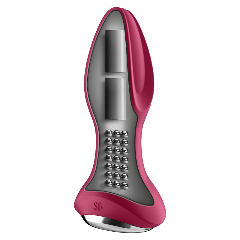 Plug anal Rotator Plug 2 plus rouge en coupe technique révélant les perles rotatives et les deux moteurs, base large sécurisante pour le jeu anal.