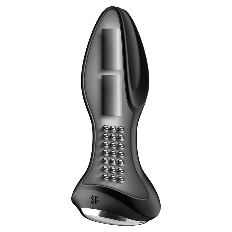 Plug anal Rotator Plug 2 plus noir en coupe technique montrant les perles rotatives internes, deux moteurs, base large pour un usage anal sécurisé.