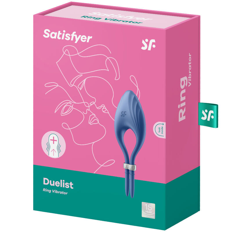 Boite rose Satisfyer Duelist Ring Vibrator, visage illustré au trait, anneau pénien vibrant bleu en silicone pour stimulation partagée en couple.