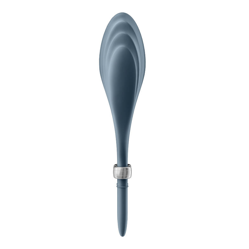 Anneau pénien vibrant Duelist gris vu de profil, boucle lisse en silicone et tige de réglage, moteur puissant, étanche IPX7 et mode murmure.