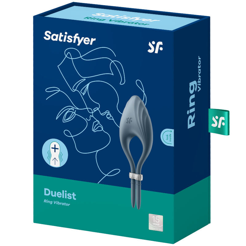 Boite bleu foncé Satisfyer Duelist Ring Vibrator avec visage illustré au trait et anneau pénien vibrant gris en silicone, vibrations pour le couple.