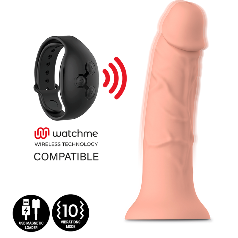 Gode vibrant Asher Original ton chair realiste compatible telecommande Watchme, gland et veines visibles, base ventouse, rechargeable USB magnetique Mythology