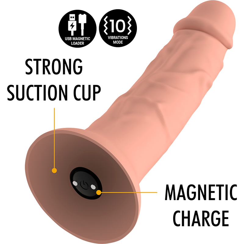 Gode realiste Asher Original ton chair, gros plan sur la base ventouse forte et le contact de charge magnetique, mentions strong suction cup et magnetic charge