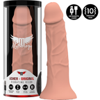 Gode vibrant Asher Original Mythology ton chair realiste avec gland et veines presente dans son tube cylindrique et pose a cote, vibrant rechargeable USB