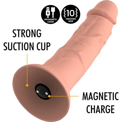 Gode realiste Asher Original ton chair, gros plan sur la base ventouse forte et le port de charge magnetique, mentions strong suction cup et magnetic charge