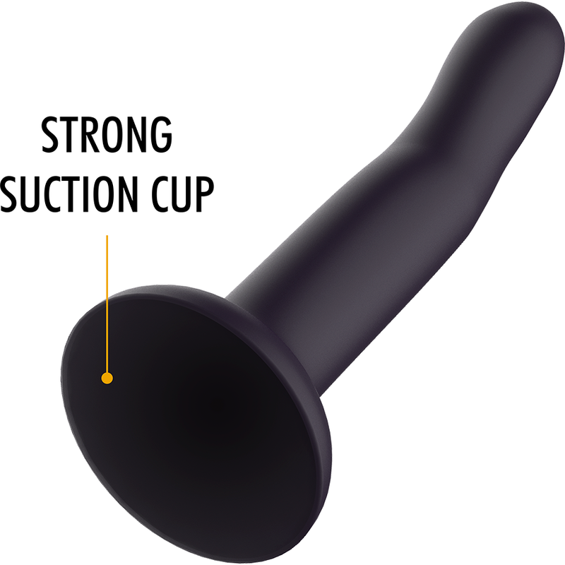 Gros plan du gode Duman Mystic 17 cm en silicone violet montrant sa base ventouse forte, tige lisse incurvee a tete arrondie, forme ergonomique fantaisie pour usage mains libres.