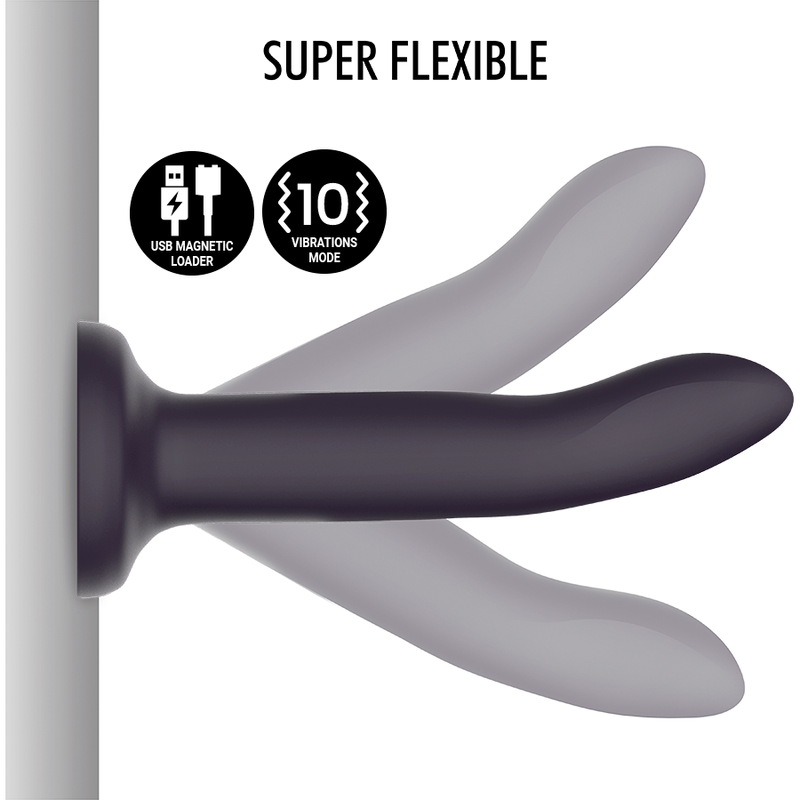 Demonstration de la souplesse du gode Duman Mystic 17 cm en silicone violet fixe par ventouse, la tige flechit dans plusieurs positions, jouet lisse ergonomique tres flexible.