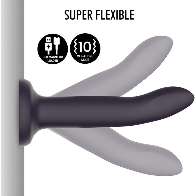 Demonstration de la souplesse du gode Duman Mystic en silicone violet fixe par sa ventouse, la tige se plie dans plusieurs positions, jouet lisse ergonomique et tres flexible.