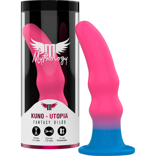 Gode fantaisie Kuno-Utopia degrade rose et bleu pose pres de son etui tube Mythology, silicone non realiste de 15,5 cm, base ventouse bleue pour usage mains libres.
