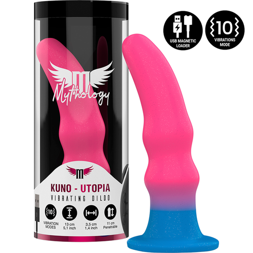 Gode vibrant Kuno-Utopia rose et bleu a cote de son packaging Mythology, rechargeable USB magnetique et dix modes de vibration, design fantaisie sans element realiste.