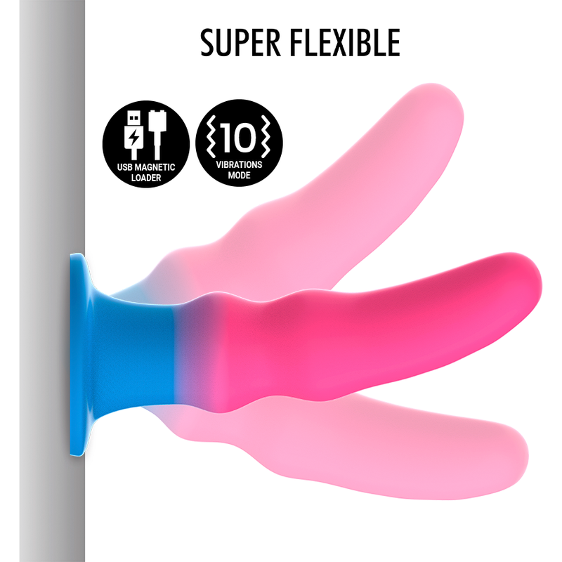 Gode fantaisie Kuno-Utopia rose et bleu flechi contre un support vertical demontrant la souplesse extreme de la tige, silicone a base ventouse bleue mains libres.