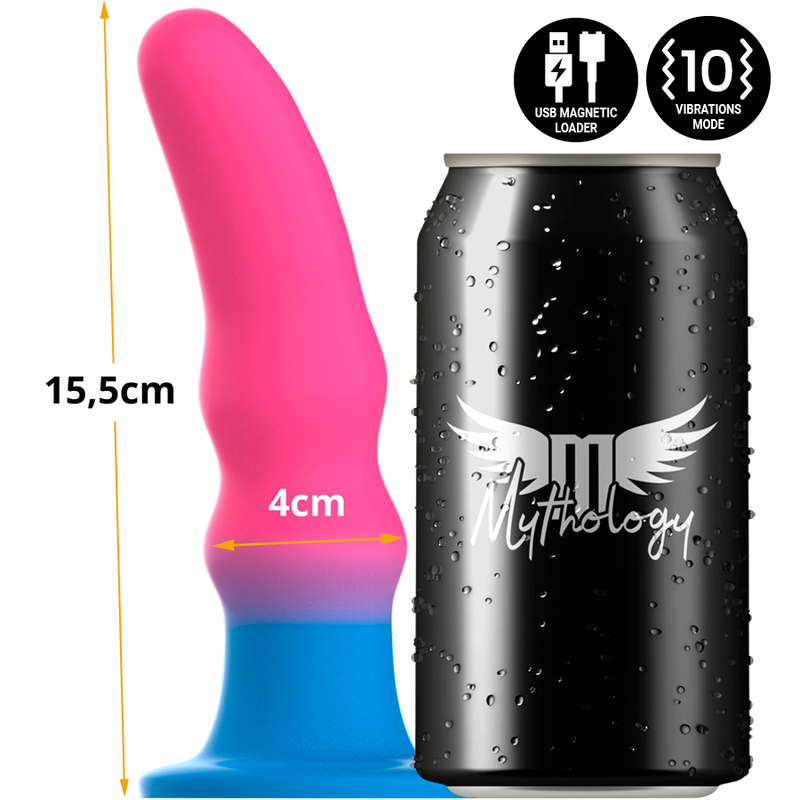 Gode Kuno-Utopia de 15,5 cm et 4 cm de diametre compare a une canette Mythology, silicone fantaisie rose et bleu, rechargeable et dote de dix modes de vibration.