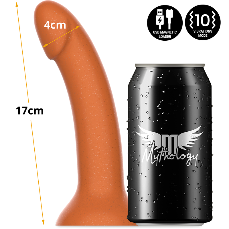 Gode realiste Rune-Royal de 17 cm et 4 cm de diametre ton bronze compare a une canette Mythology, silicone ferme a gland marque, base ventouse compatible harnais.