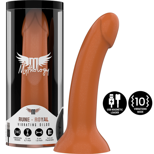 Gode realiste Rune-Royal ton bronze a cote de sa boite tube Mythology, silicone ferme a gland marque et base ventouse, vibrant et compatible recharge USB.