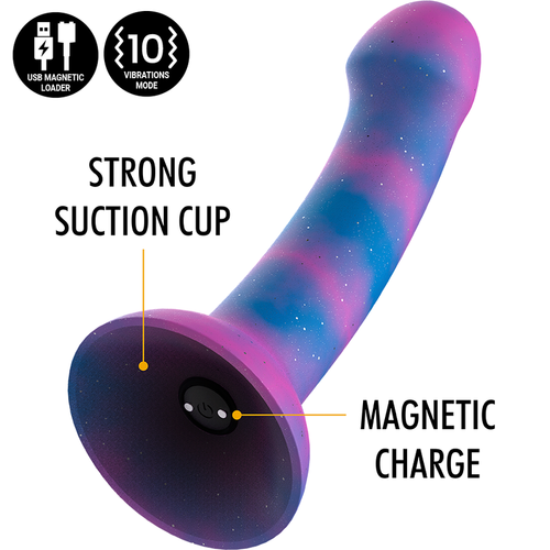 Gros plan sur la base ventouse violette du gode Dion-Galactic vibrant et son contact de charge magnetique, finition galactique pailletee et forte adherence.