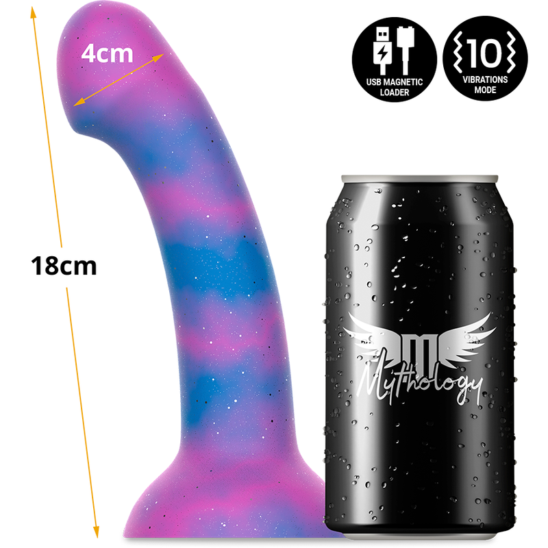 Gode Dion-Galactic de 18 cm et 4 cm de diametre compare a une canette Mythology, silicone fantaisie galactique violet et bleu courbe point G, base ventouse forte.