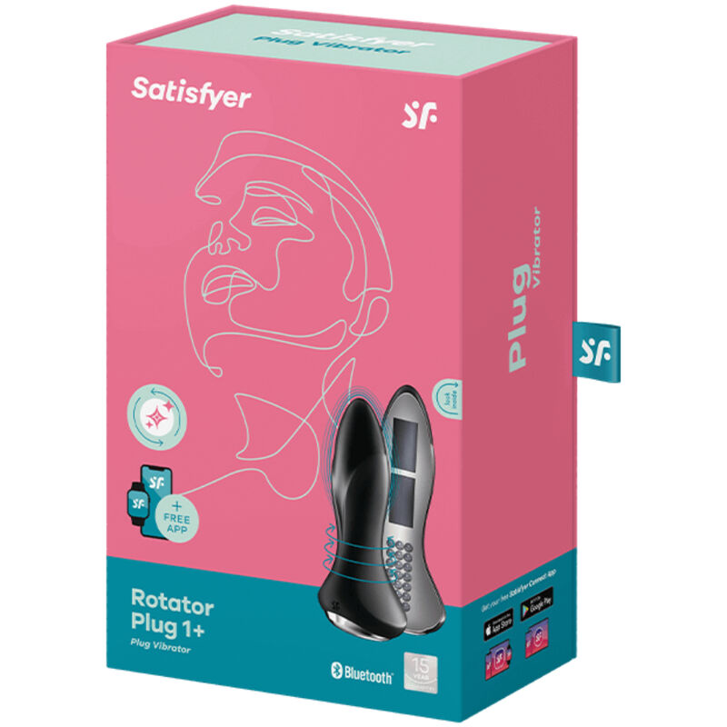 Boite rose Satisfyer Rotator Plug 1 plus, visage illustré au trait, plug anal vibrant noir en silicone, vibration et rotation pilotables par Bluetooth.
