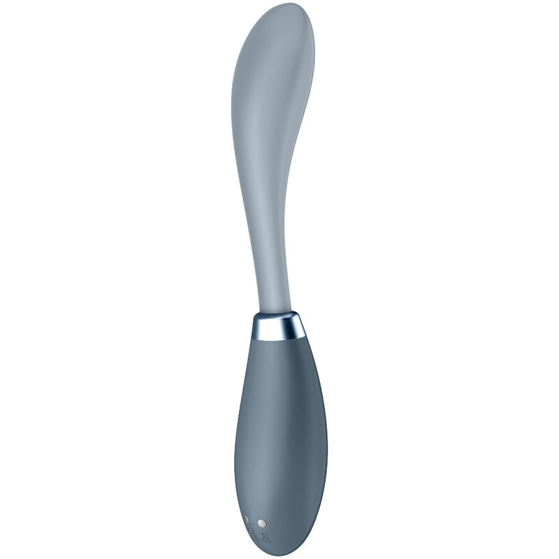 Vibromasseur point G G-Spot Flex 3 gris en silicone, tige incurvée flexible et manche à deux boutons, col modulable, recharge USB magnétique.