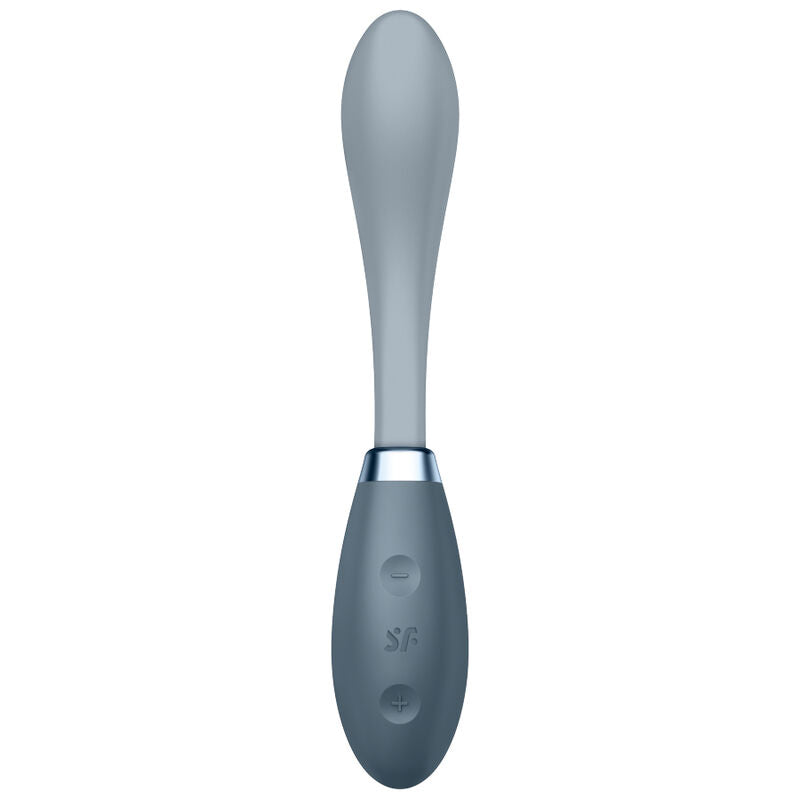 Vibromasseur G-Spot Flex 3 gris en silicone médical vu de face, manche ergonomique à boutons et tige flexible, douze modes de vibration, étanche IPX7.