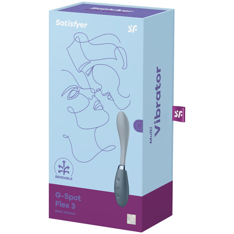 Boite bleue Satisfyer G-Spot Flex 3 Multi Vibrator, visage illustré au trait, vibromasseur point G gris en silicone à col flexible bendable.