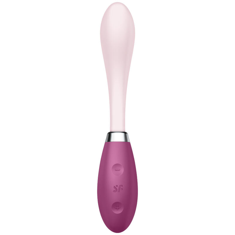 Vibromasseur G-Spot Flex 3 rose poudré en silicone vu de face, tige souple et manche prune ergonomique, col entièrement flexible, étanche IPX7.