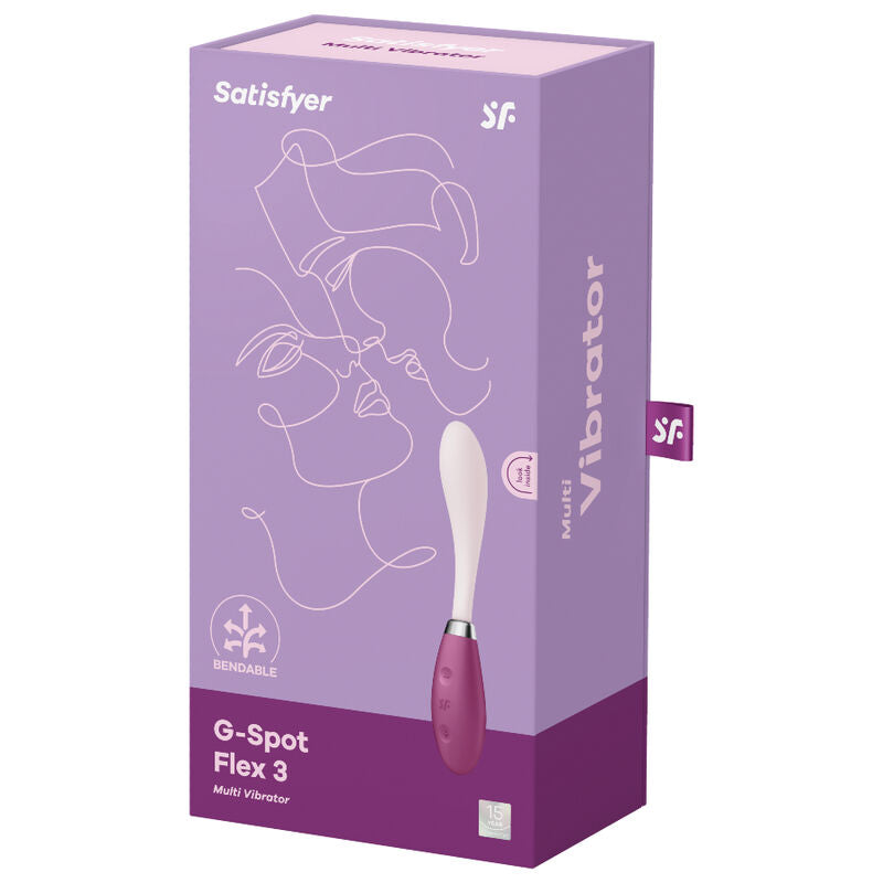 Boite lilas Satisfyer G-Spot Flex 3 Multi Vibrator avec visage illustré au trait et vibromasseur point G rose en silicone à col flexible.