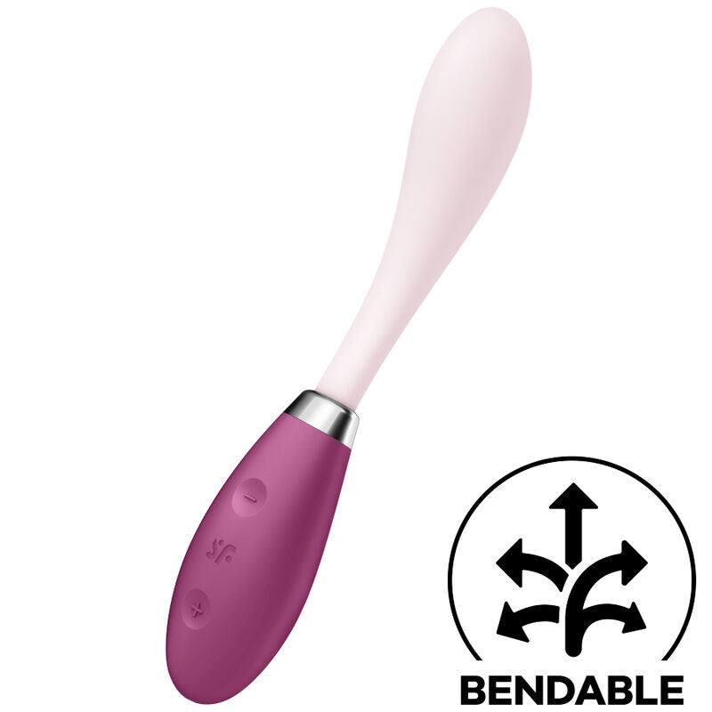 Vibromasseur point G G-Spot Flex 3 rose et prune en silicone médical, tige flexible et manche à boutons, pictogramme bendable, douze modes de vibration.