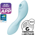 Vibromasseur Curvy Trinity 5 plus bleu pâle en silicone, tête d'aspiration air pulse et tige courbée point G, trois-en-un vibration et air pulse, app.