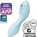 Vibromasseur Curvy Trinity 5 plus bleu pâle en silicone, tête d'aspiration air pulse et tige courbée point G, trois-en-un vibration et air pulse, app.