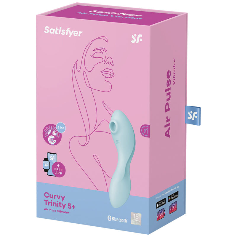 Boite rose Satisfyer Curvy Trinity 5 plus avec visage illustré au trait et stimulateur bleu en silicone, air pulse clitoridien et vibration point G.