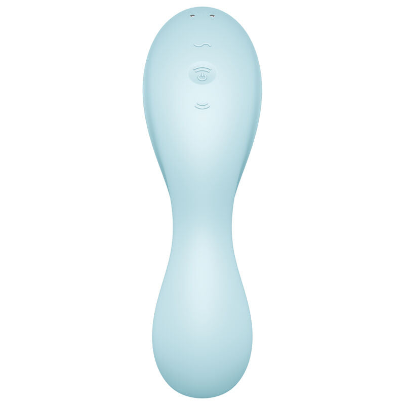 Vibromasseur Curvy Trinity 5 plus bleu vu de face, surface lisse en silicone avec bouton central, double stimulation clitoris air pulse et point G.