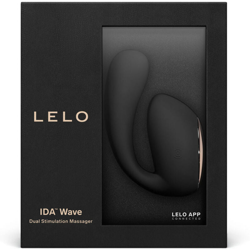 Boîte IDA Wave Dual Stimulation Massager de Lelo montrant le stimulateur de couple noir à travers sa fenêtre, modèle connecté pour stimulation double.