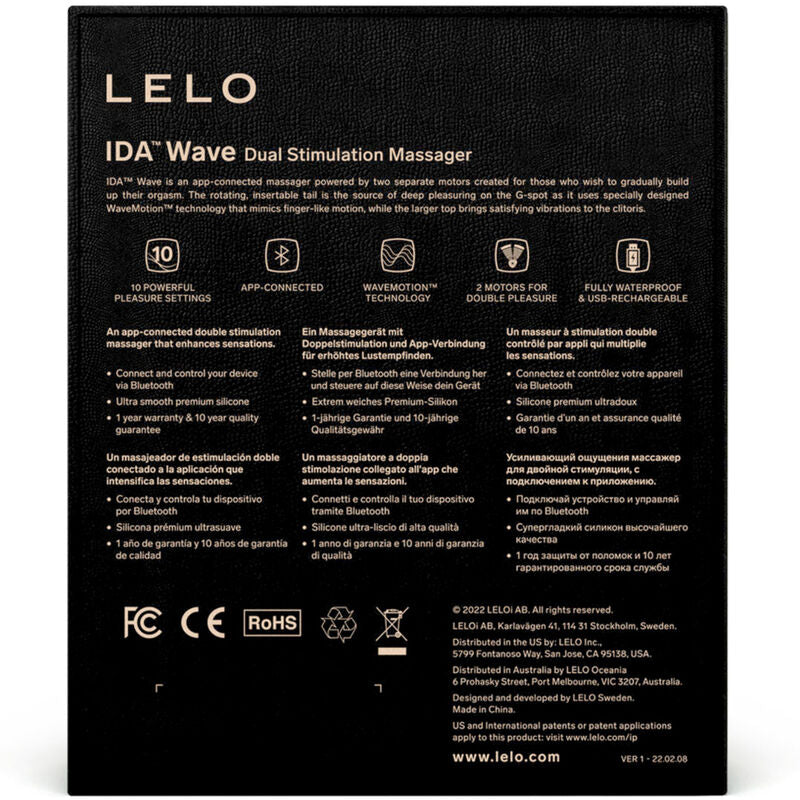 Dos de la boîte IDA Wave de Lelo : texte explicatif multilingue, logos de certification et pictogrammes des fonctions du masseur de couple en silicone.
