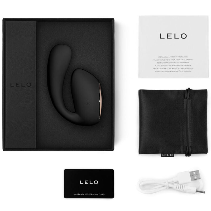 Coffret IDA Wave de Lelo en version noire : le stimulateur de couple présenté dans son écrin, avec pochette satinée, câble USB et carte de garantie.