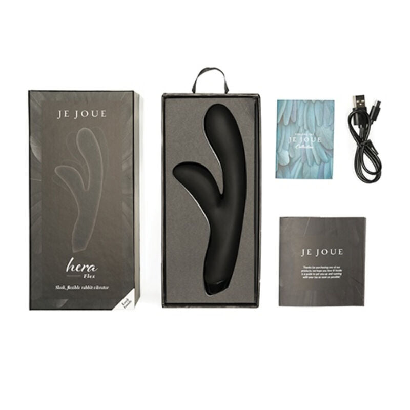 Déballage du rabbit Hera Flex noir : coffret, appareil dans son écrin, notice et câble USB disposés à plat, packaging complet du vibromasseur présenté sur fond blanc parfaitement épuré.