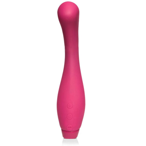 Vibromasseur Juno rose présenté debout, longue tige courbe à pointe inclinée et manche à commandes, silhouette ergonomique entièrement lisse du produit sur fond blanc parfaitement épuré.
